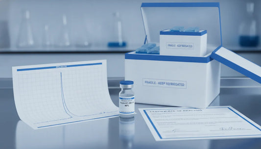 TB-500 peptide research vial beside HPLC data and a certificate of analysis