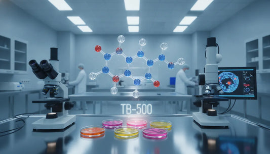 Scientific laboratory research setting with TB-500 peptide molecular structure visualization for preclinical cell migration studies