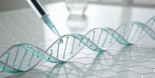 A syringe applying a liquid to a DNA helix for biotech peptide research.