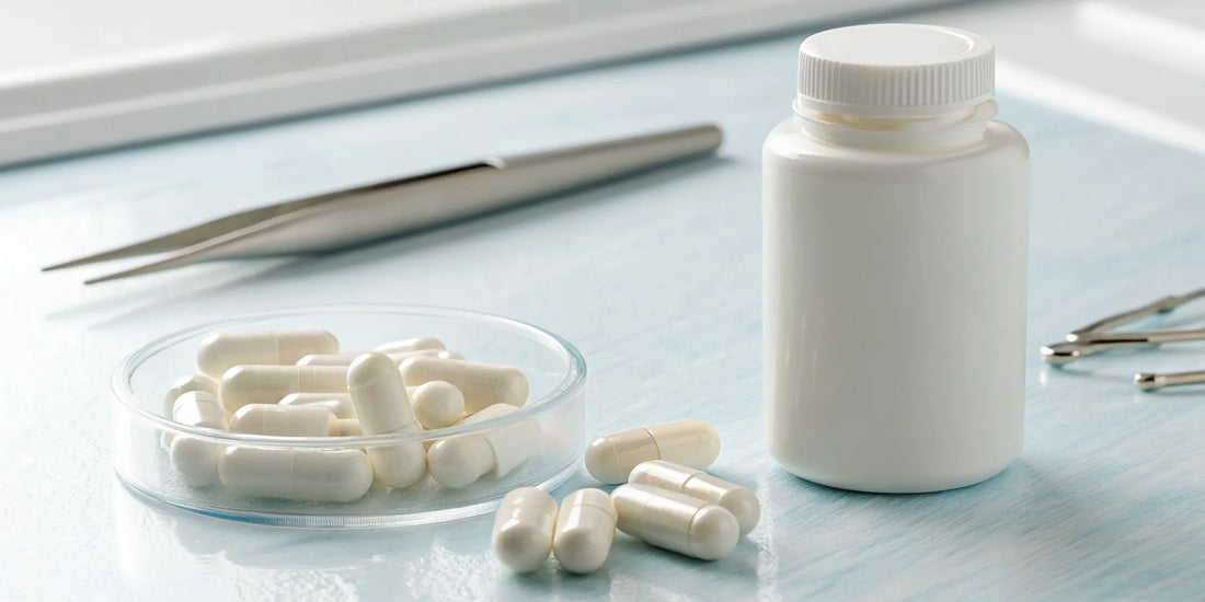 A bottle of high-purity BPC-157 500mcg capsules for laboratory research.