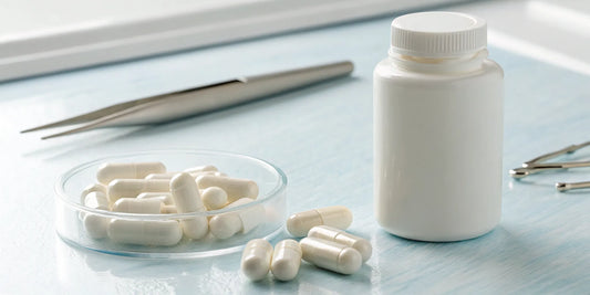 A bottle of high-purity BPC-157 500mcg capsules for laboratory research.