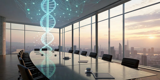 A digital DNA strand in a modern office for a list of the top peptide companies.