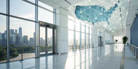 Digital USA map in a modern office showing the network of top peptide companies.