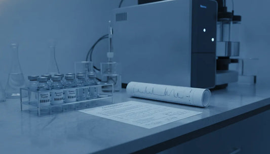 Research peptide vials with HPLC data and a certificate of analysis