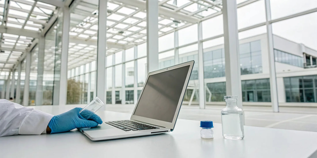 Scientist at a lab bench with peptide vials, researching where to buy peptides online.