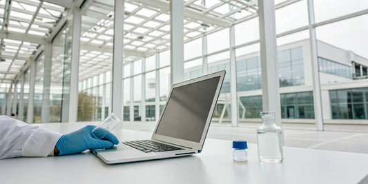Scientist at a lab bench with peptide vials, researching where to buy peptides online.