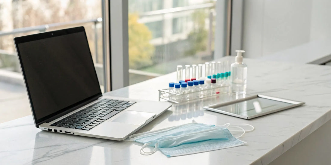 Laptop on a lab desk used to research where to buy peptides online with Reddit recommendations.
