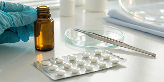 Researcher inspecting quality of oral peptide capsules to buy for a lab.