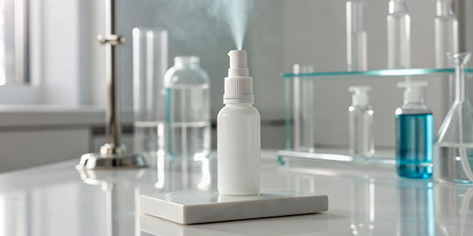 Third-party tested sermorelin nasal spray on a laboratory counter.