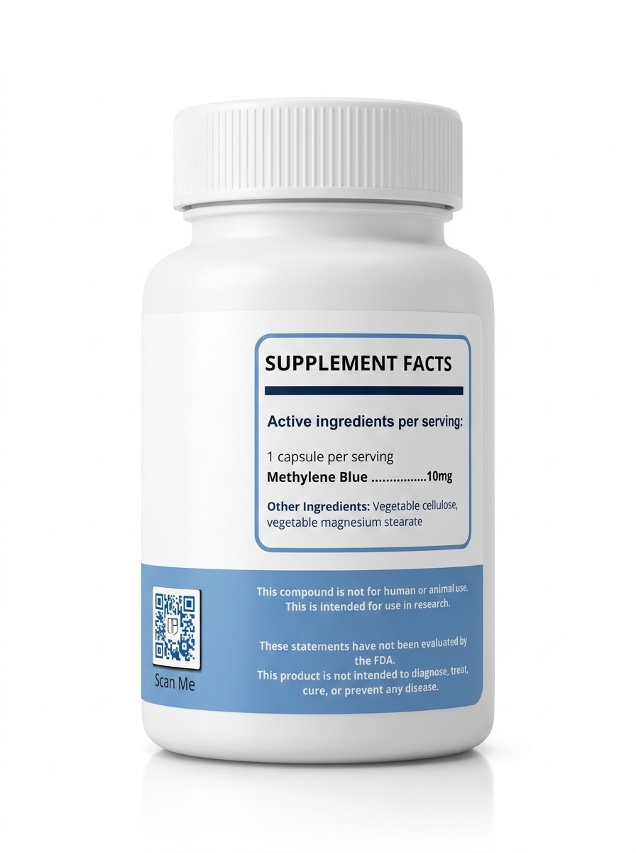 Trusted Peptides Methylene Blue (10MG/Capsule) — supplement facts on back of bottle
